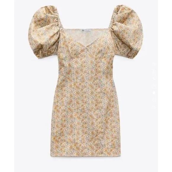 ZARA Satin Effect Floral Puff Sleeve Mini Dress V-Neck Bustier Balloon Sleeve - Picture 14 of 14